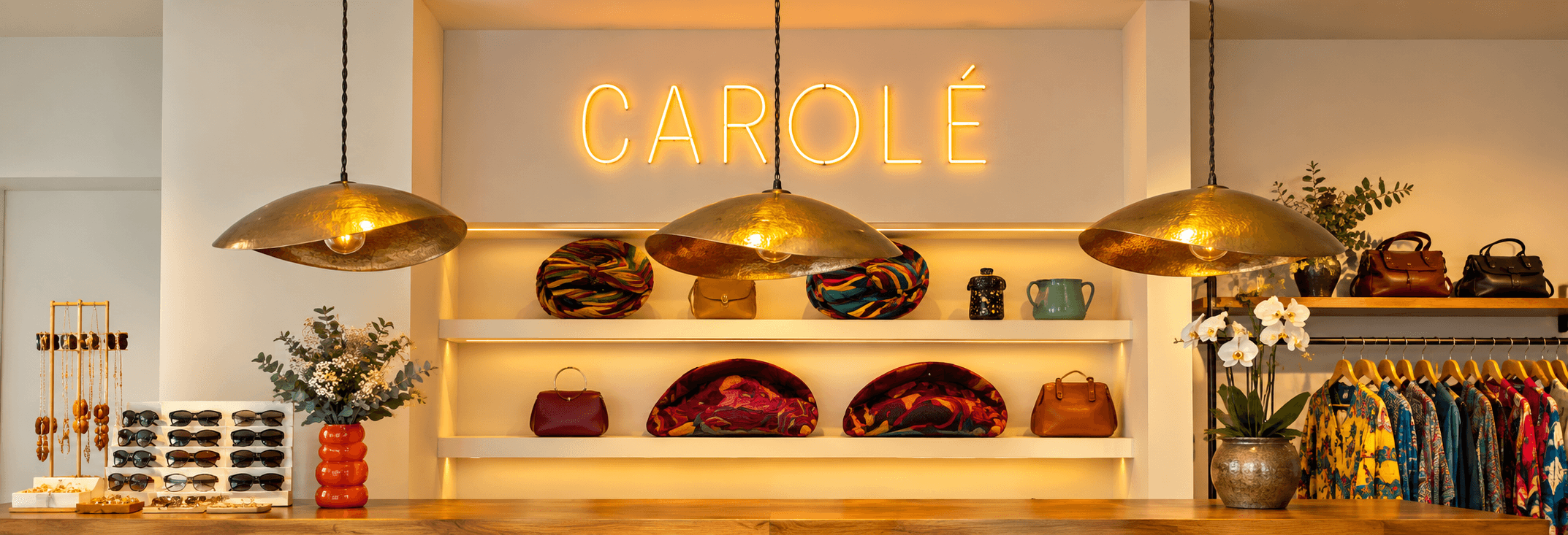 Tienda Carolé en Suances: rótulo luminoso, lámparas doradas y estanterías con bolsos