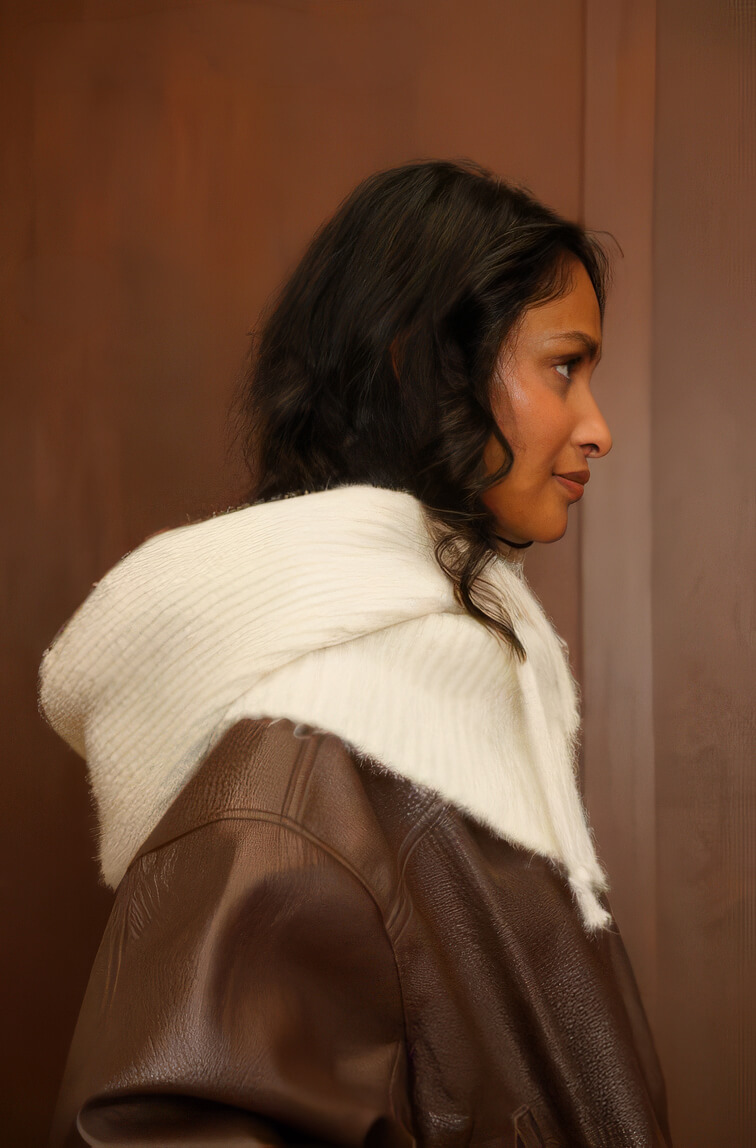 Balaclava de punto crema con chaqueta de cuero, vista de perfil