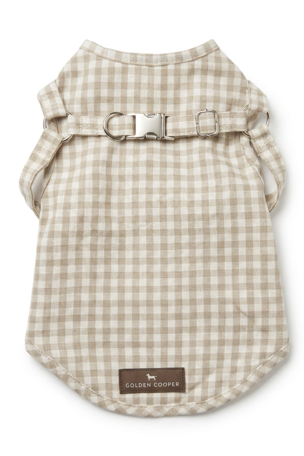 Camiseta arnés Bellagio de cuadros vichy beige para perro con hebilla metálica