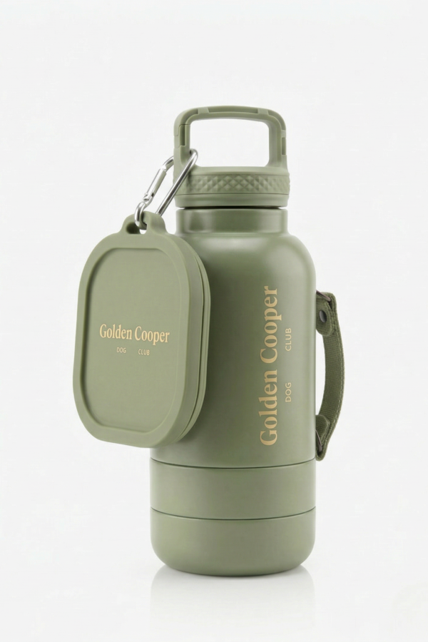 Botella para perro verde salvia con comedero plegable acoplado y mosquetón