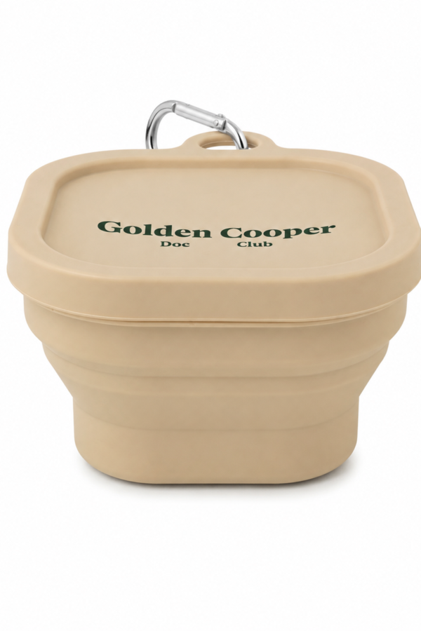 Cuenco plegable de silicona beige para perro, desplegado, con mosquetón