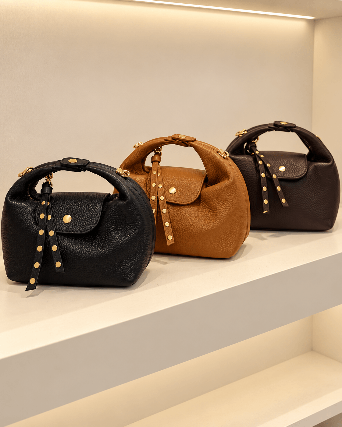 Bolsos Media Luna en negro, camel y marrón expuestos en la tienda Carolé