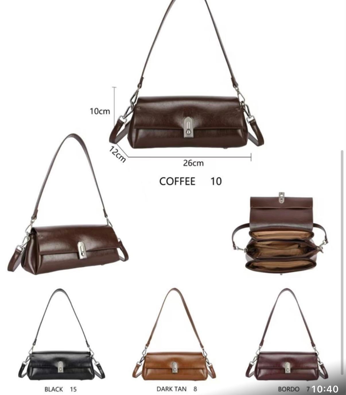 Ficha del bolso Dakota con medidas de 26 x 10 x 12 cm, interior y los colores disponibles