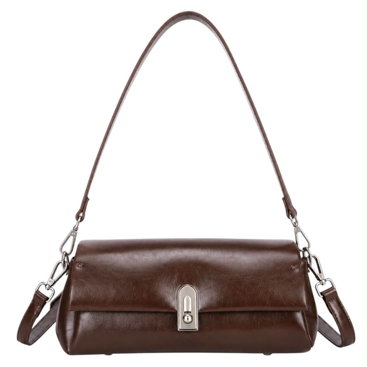 Bolso Dakota marrón café con cierre de pasador plateado, sobre fondo blanco