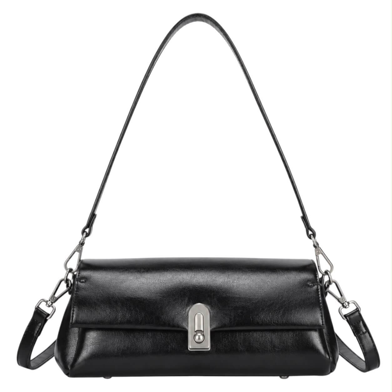 Bolso Dakota negro de asa corta con cierre metálico, sobre fondo blanco