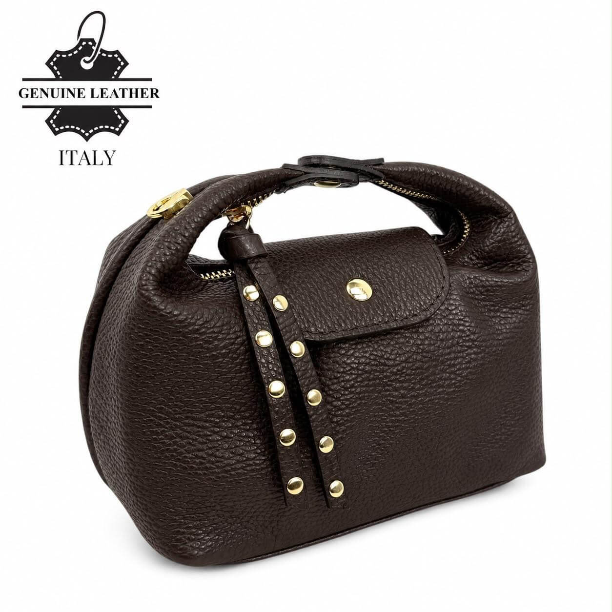Bolso Media Luna de piel italiana en marrón chocolate sobre fondo blanco