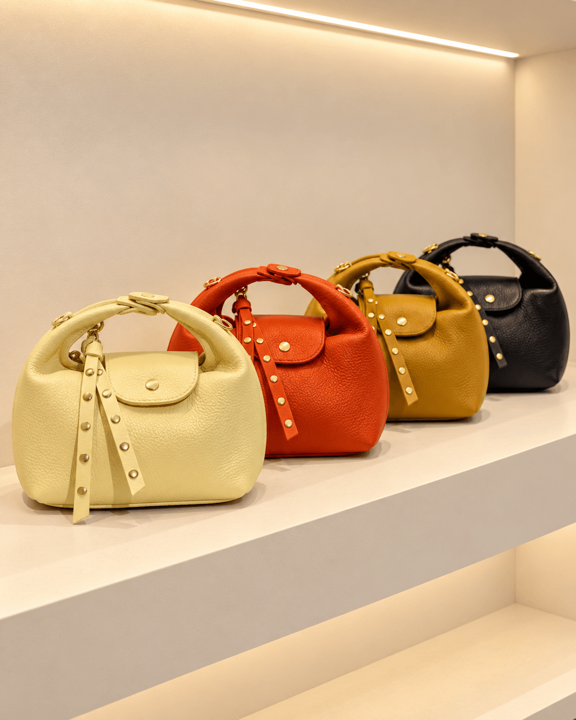 Colección de bolsos Media Luna en amarillo pastel, naranja, mostaza y negro en la tienda